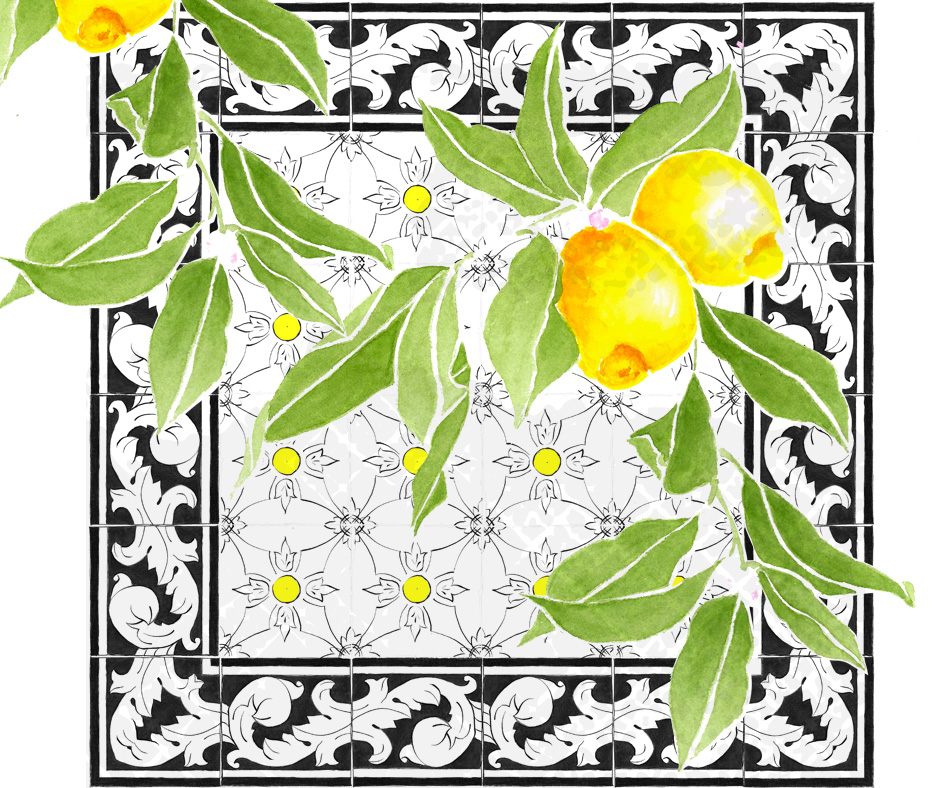Summer Lemon on Portuguese Black and White Azulejo