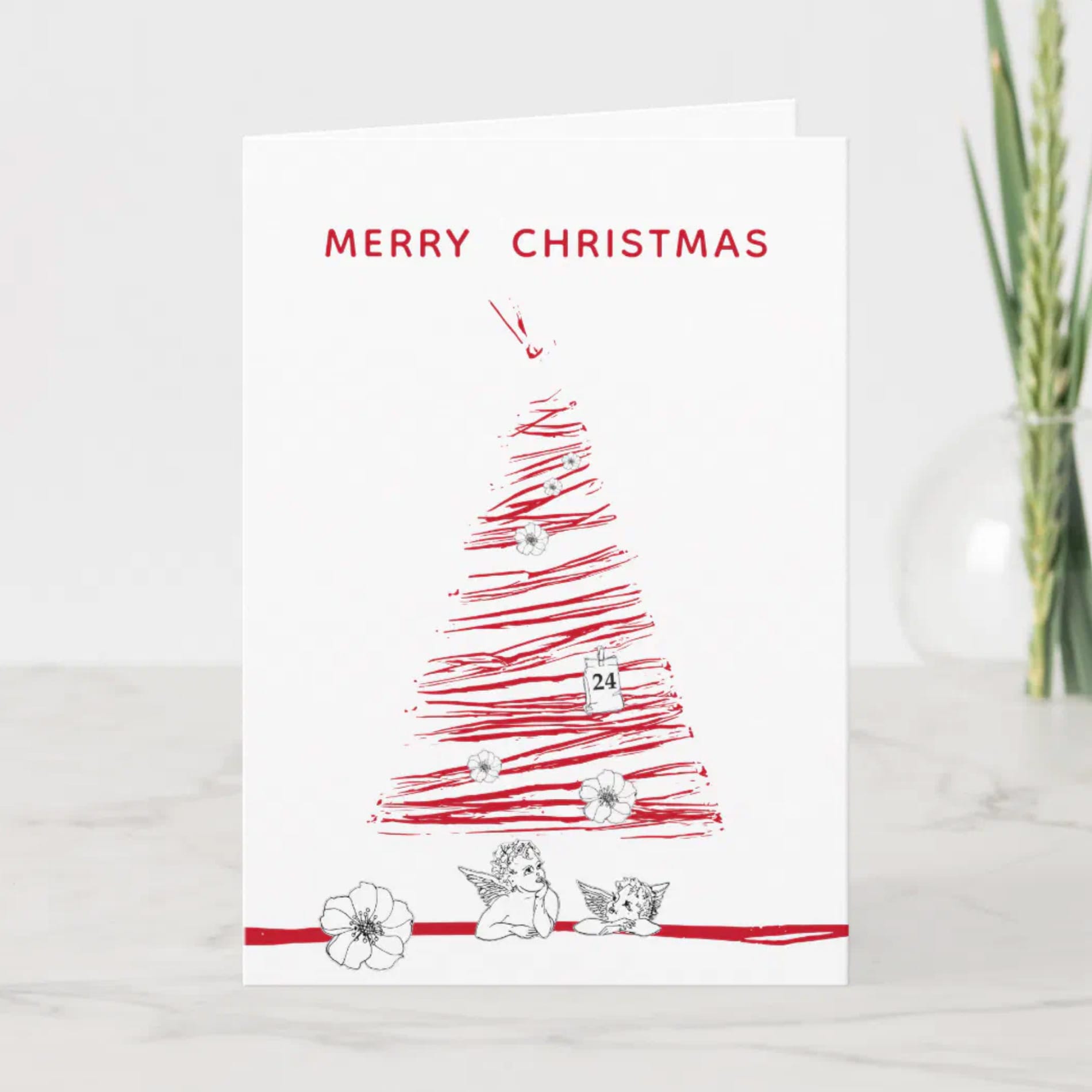 Christmas Red Rustic Tree Handdrawn Holiday Card — Runny Marmalade on Zazzle