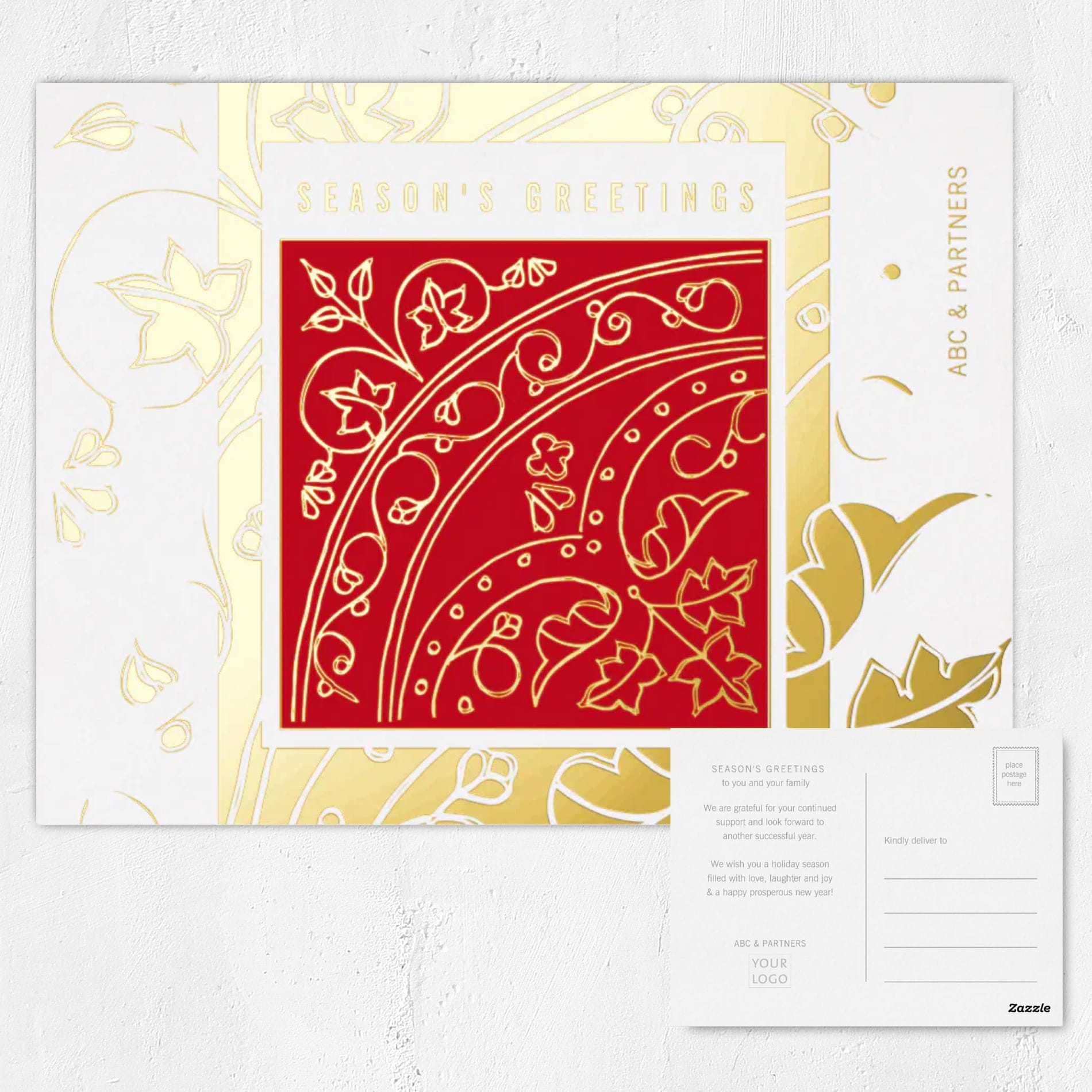 Elegant Modern Red Business Seasonal Greetings Foil Holiday Postcard — Runny Marmalade on Zazzle