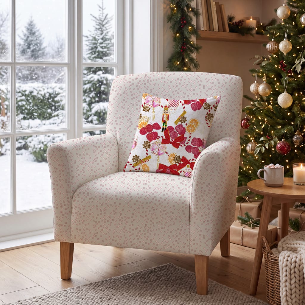 Merry Maximalist Christmas Nutcracker and Lychee Throw Pillow — nutcracker, lychee clusters, dried oranges, star anise, cinnamon, glass baubles and red velvet bows on cream filigree — Runny Marmalade on Spoonflower