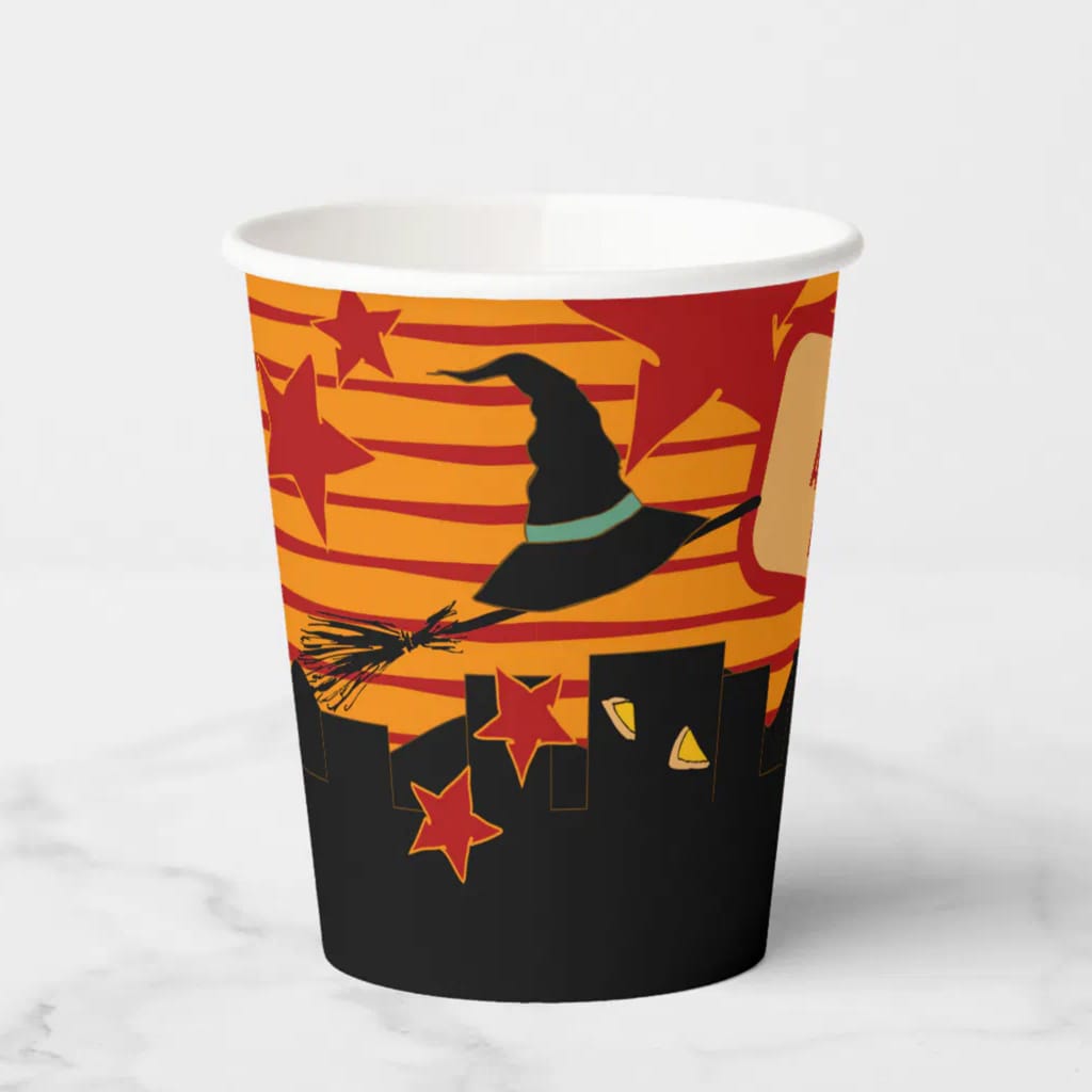 Whimsical Retro Witch Hat Over Skyline Halloween Paper Cups — Runny Marmalade on Zazzle