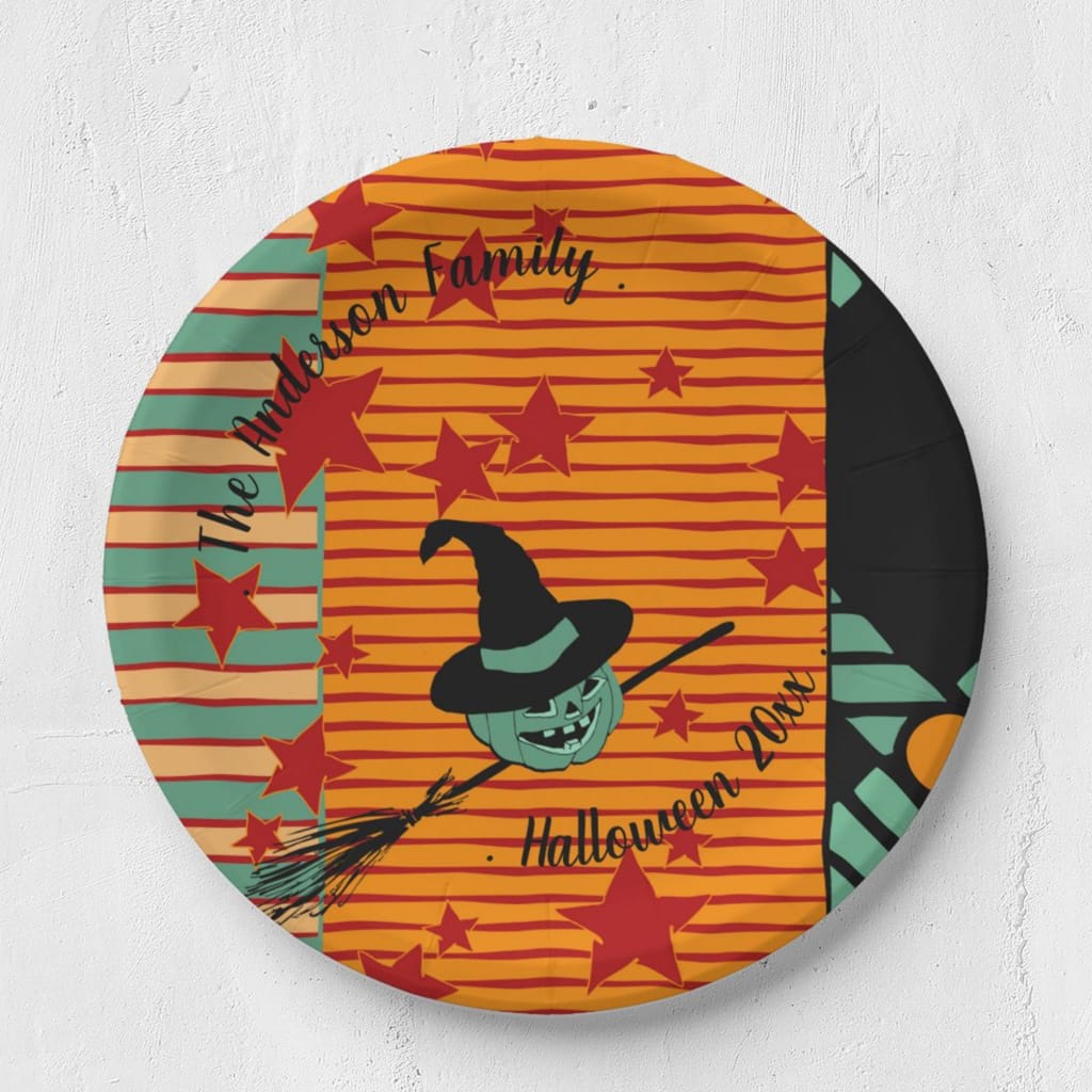 Vintage Inspired Dusty Teal Retro Pumpkin Witch Paper Plates — Runny Marmalade on Zazzle