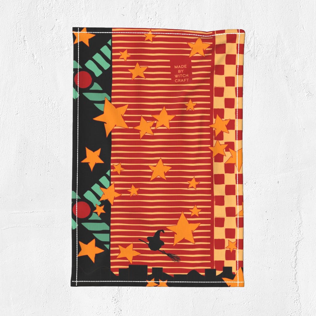 Retro Halloween Tea Towel — Broom Ride Over Starry City — Runny Marmalade on Spoonflower