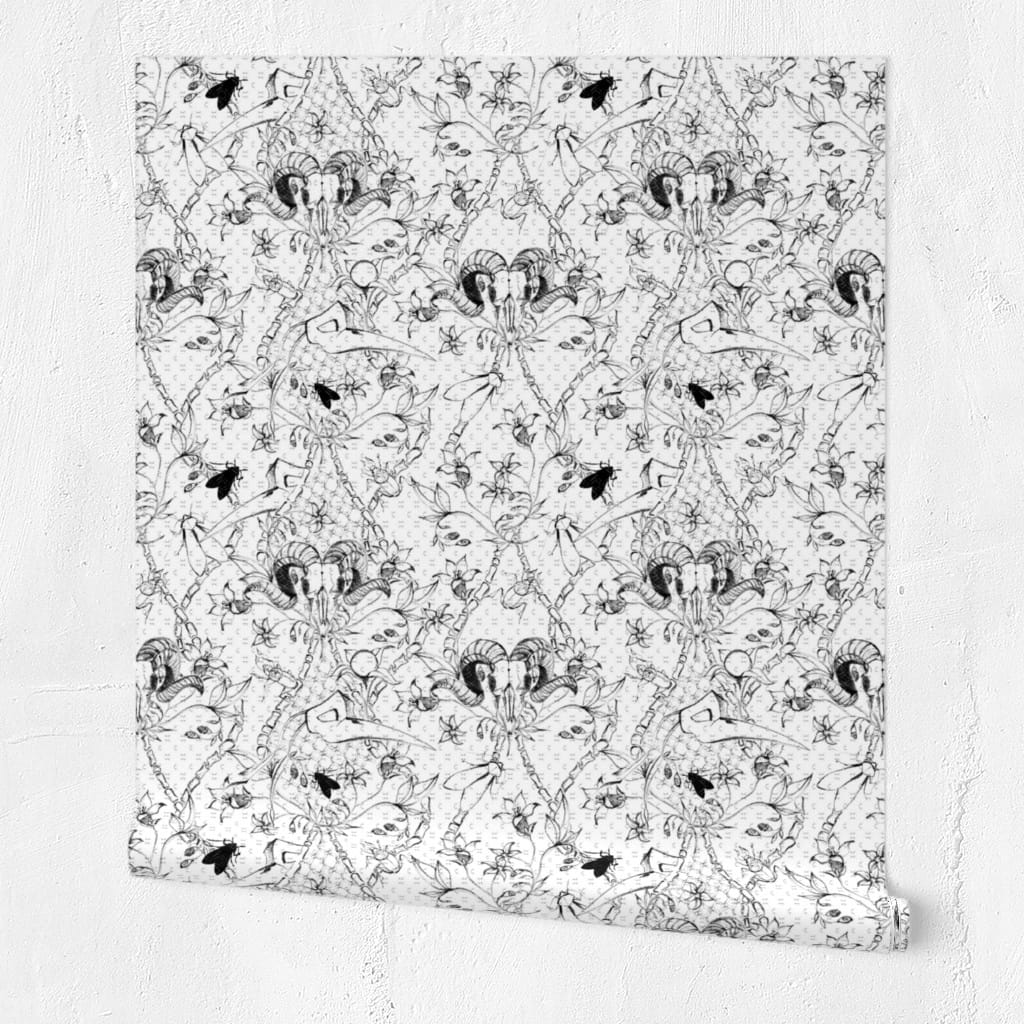 Belladonna Black and White Gothic Halloween Damask Wallpaper — Runny Marmalade on Spoonflower